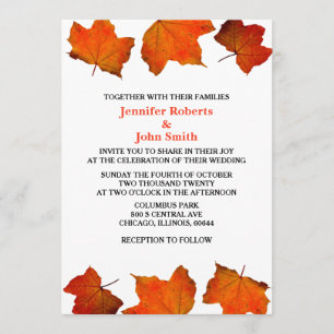 Invitación Naranja ardiente de hojas de otoño maple Boda blan