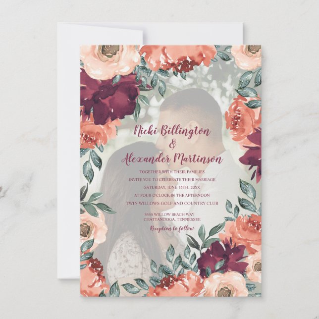 Invitación Naranja ardiente y cálido Boda floral de Borgoña (Anverso)