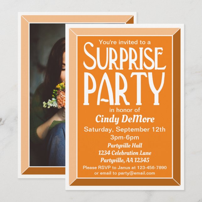 Invitación Naranja Art Deco Foto Fiesta de sorpresa de cumple (Anverso / Reverso)