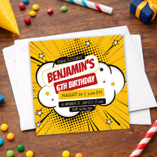 Invitación Naranja Arte Pop Cómic Superhéroe Niños Cumpleaños