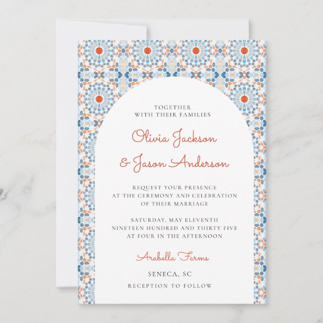 Invitación Naranja azul Arco oriental Boda del desierto marro (Anverso)