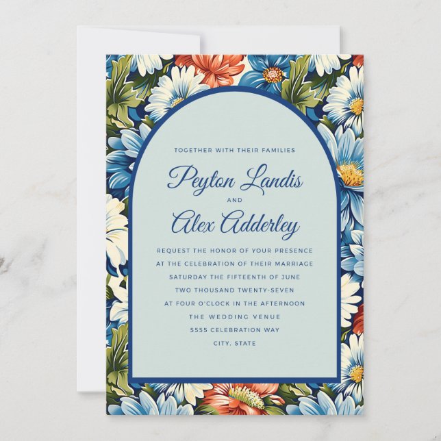 Invitación Naranja azul Boda de arco floral (Anverso)