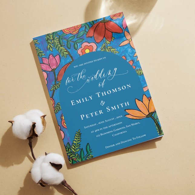 Invitación Naranja azul brillante Boda floral dibujado a mano (Bright Blue Orange Hand Drawn Floral Wedding Invitation)