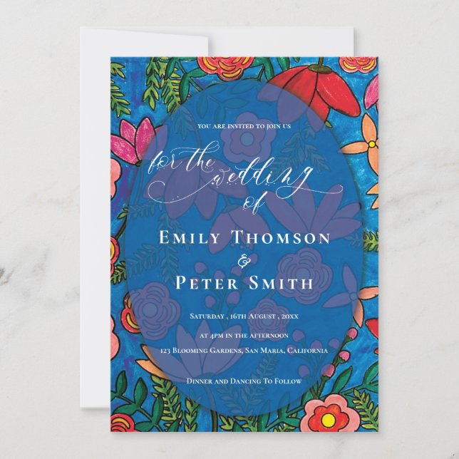Invitación Naranja azul brillante Boda floral dibujado a mano (Anverso)