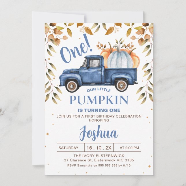 Invitación Naranja Azul Calabaza Truck Foliage 1er cumpleaños (Anverso)