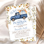 Invitación Naranja azul Calabaza Trucos Foliage Baby Shower<br><div class="desc">Naranja Azul Truck Truck Foliage Baby Shower Invitation Boy's otoño follage pumpkin truck baby ducha invitación con un camión azul oscuro y calabazas azul claro y naranja. Este diseño también incluye líneas de división negras, follaje marrón y puntos. Esta invitación a la ducha de bebé de un niño con la...</div>