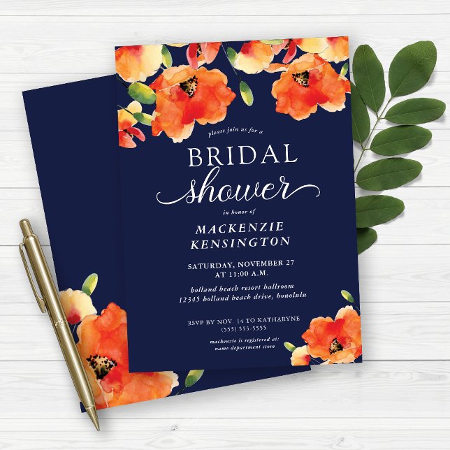 Invitación Naranja azul de la marina Dorada Poppy Bridal Show (Beautiful Golden Poppies on Navy Blue)