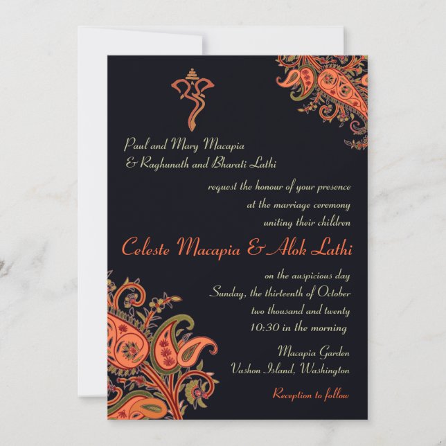 Invitación Naranja azul de la Marina Ganesh Boda hindú Paisle (Anverso)