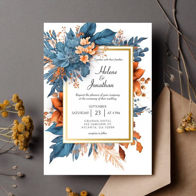 Invitación Naranja azul deslucido Terracotta Boho Elegante Bo (Dusty Blue Orange Terracotta Boho Elegant Wedding Invitation)