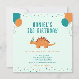 Invitación Naranja Azul fiesta de cumpleaños de los dinosauri