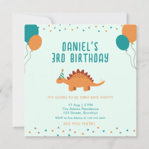 Invitación Naranja Azul fiesta de cumpleaños de los dinosauri