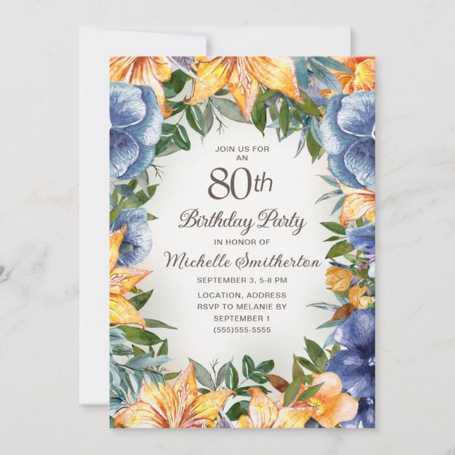 Invitación Naranja Azul Floral 80 cumpleaños (Anverso)