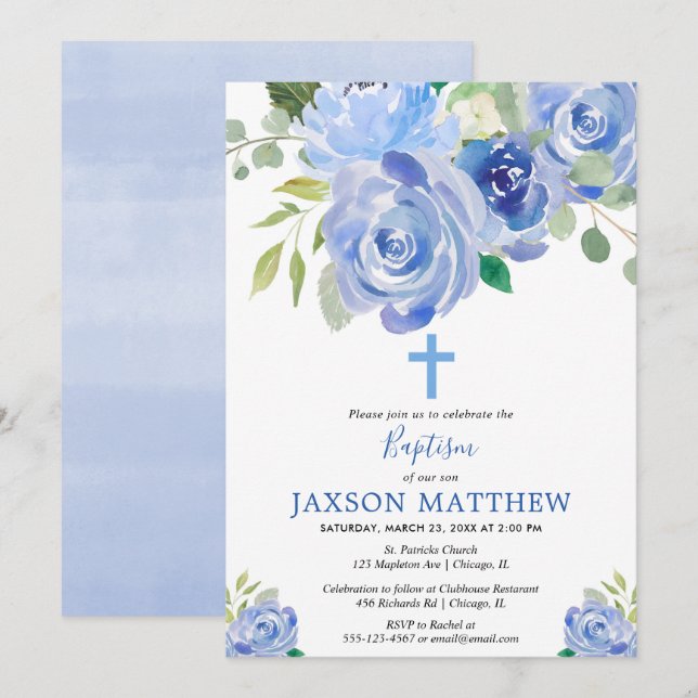 Invitación Naranja azul floral acuarela bautismo niño (Anverso / Reverso)