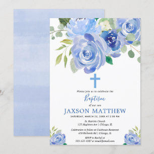 Invitación Naranja azul floral acuarela bautismo niño