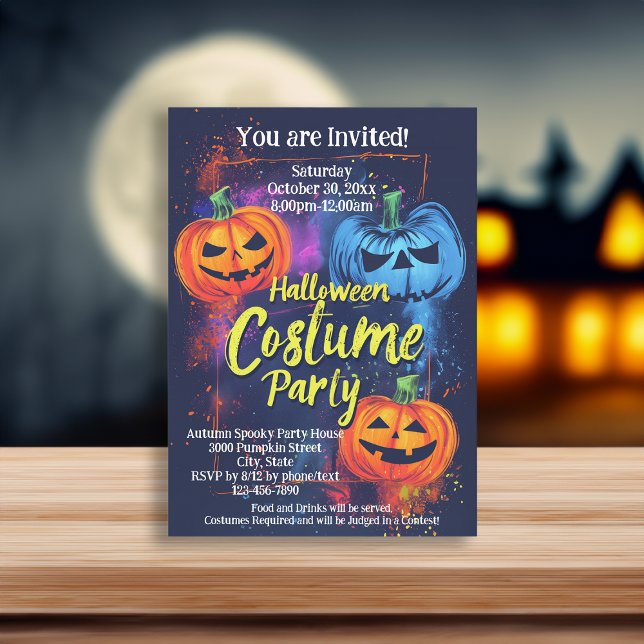 Invitación Naranja azul Jack-O-Lantern Fiesta de disfraces de (orange blue pumpkin halloween costume party invitations)