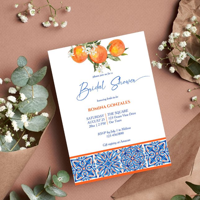 Invitación Naranja azul majolica talavera azulejos ducha de n (Subido por el creador)