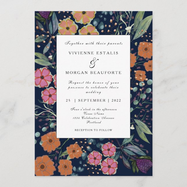 Invitación Naranja azul marino flores rosadas Boda de primave (Anverso)