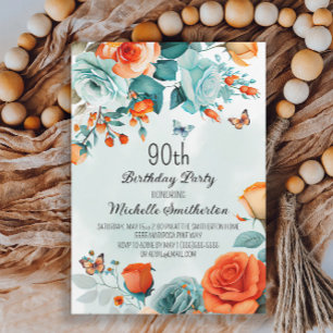 Invitación Naranja Azul Mariposas Floral 90 cumpleaños