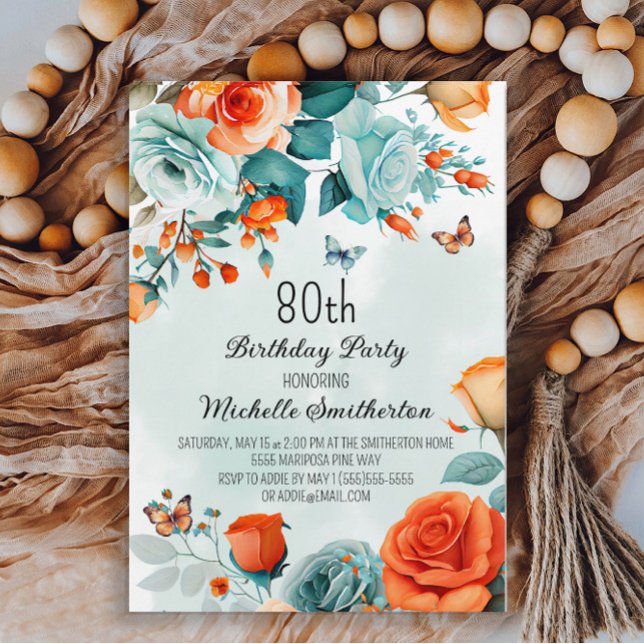 Invitación Naranja Azul Mariposas Florales Cumpleaños 80 (Subido por el creador)