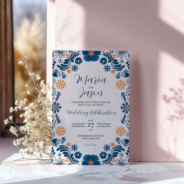 Invitación Naranja azul mexicano Floral Elegante Boda Fiesta (Mexican Blue Orange Floral Elegant Fiesta Wedding Invitation)