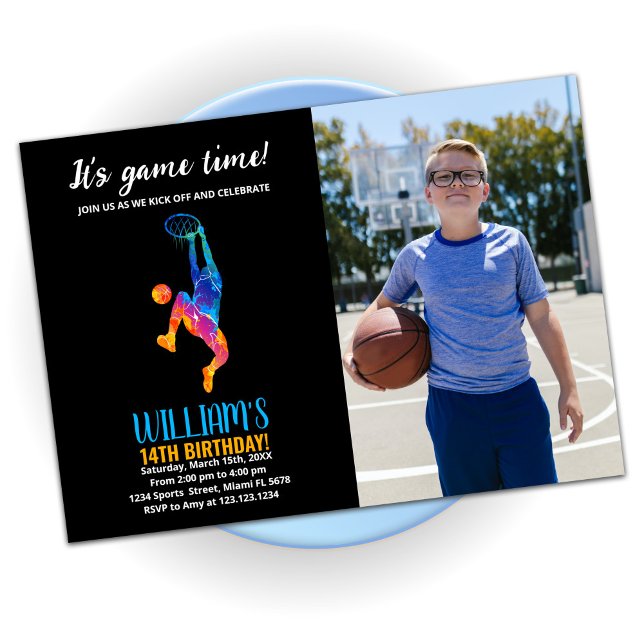 Invitación Naranja Azul Negro Baloncesto Cumpleaños con Foto (Subido por el creador)