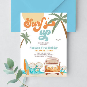 Invitación Naranja Azul NIÑOS Niño Surf Up Surf Cumpleaños 1