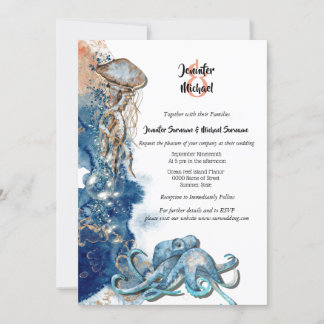 Invitación naranja azul octopus marrón playa acuarela