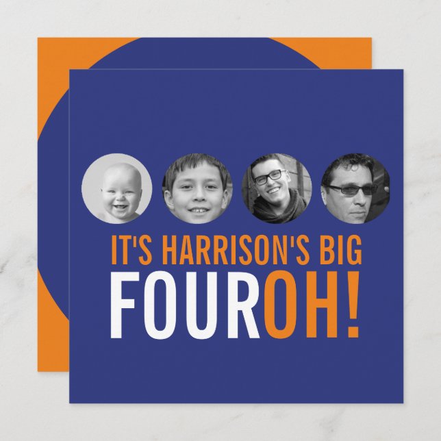 Invitación Naranja azul oscuro 40th FOUROH! cumpleaños de la  (Anverso / Reverso)