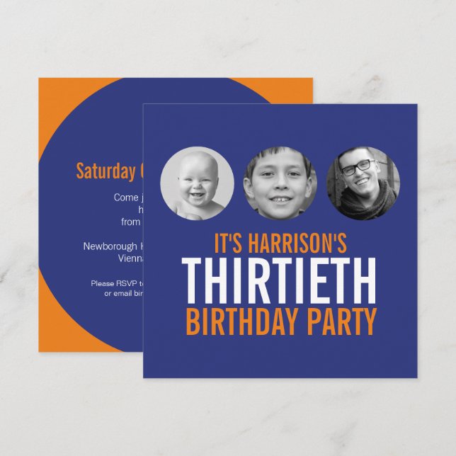 Invitación Naranja azul oscuro cumpleaños 30 de fotos (Anverso / Reverso)