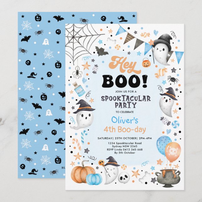 Invitación Naranja Azul Pastel Halloween Fantasma Niño Cumple (Anverso / Reverso)