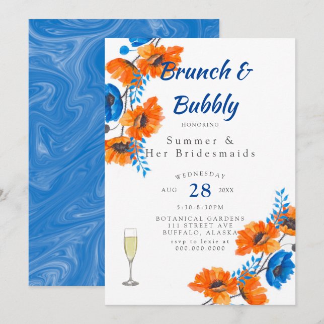 Invitación Naranja azul Poppy Bridesmaids Luncheon (Anverso / Reverso)