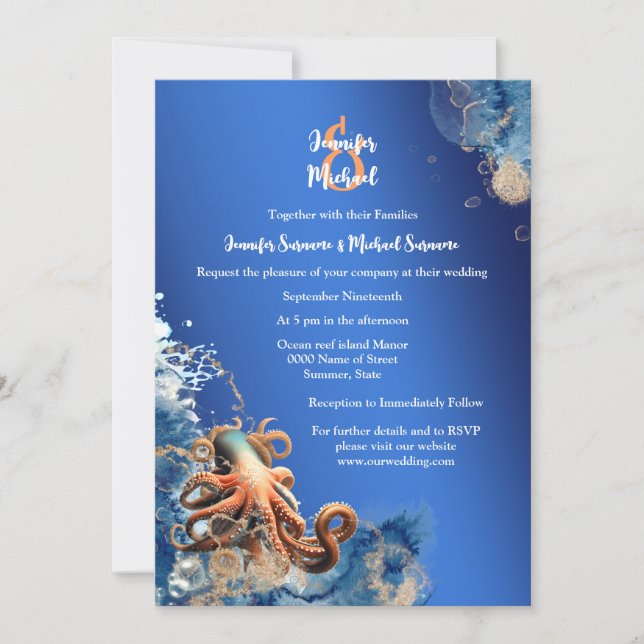 Invitación Naranja azul pulpo boda temática de la playa (Anverso)