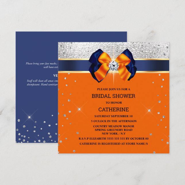 Invitación Naranja azul purpurina plateado arco elegante chis (Anverso / Reverso)