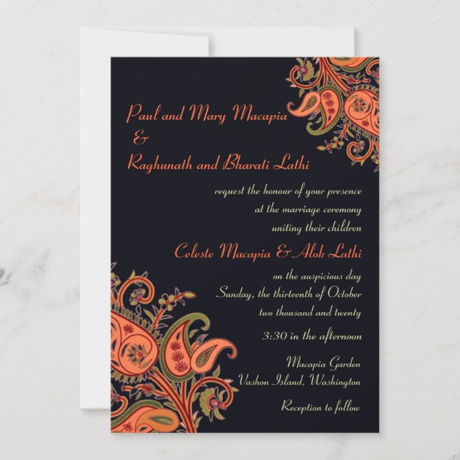 Invitación Naranja azul real Paisley Floral Boda indio (Anverso)