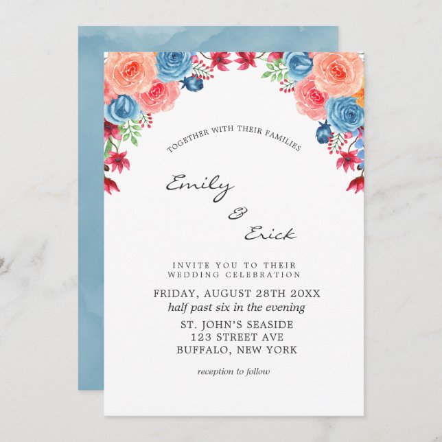 Invitación Naranja Azul Rojo Rosa Watercolor Peony Boda Inv (Anverso / Reverso)