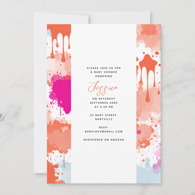 Invitación Naranja Azul rosa Resumen Baby Shower moderno (Anverso)