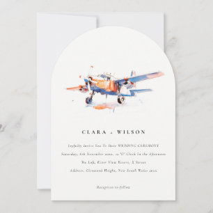 Invitación Naranja azul Rubor Watercolor Air Plane Boda