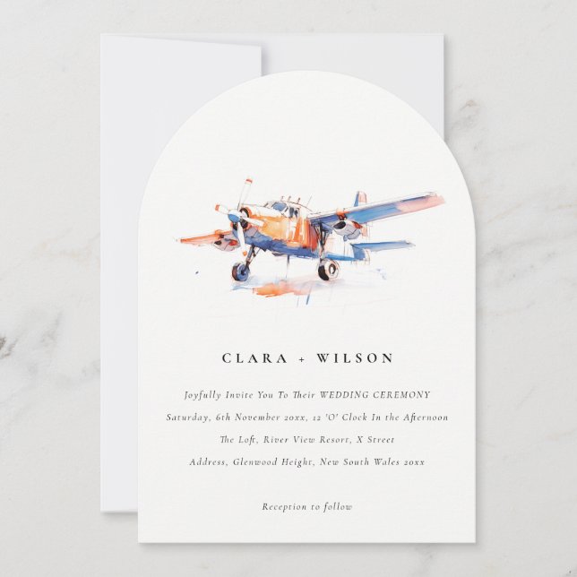 Invitación Naranja azul Rubor Watercolor Air Plane Boda (Anverso)