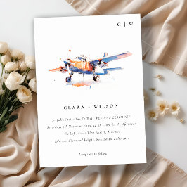 Invitación Naranja azul Rubor Watercolor Air Plane Boda