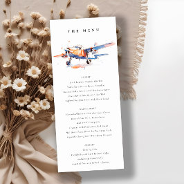 Invitación Naranja azul Rubor Watercolor Airplane Boda Menu