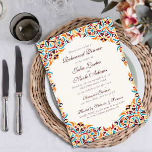 Invitación Naranja Azul Turquesa Cena de Ensayo Floral Capric