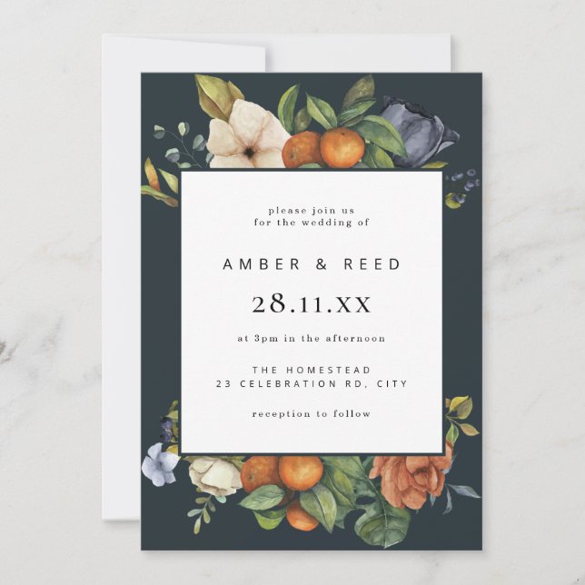 Invitación Naranja Azul verano Floral Boda Boho Botánico (Anverso)