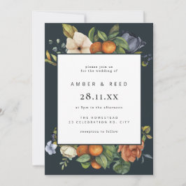 Invitación Naranja Azul verano Floral Boda Boho Botánico