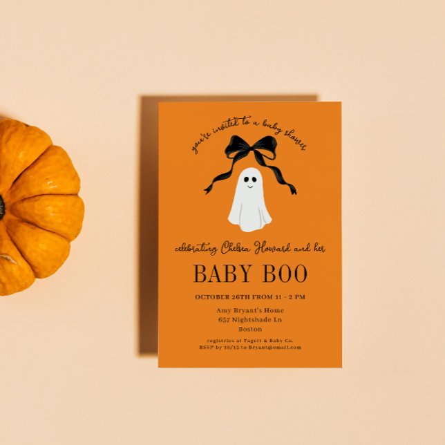 Invitación Naranja Baby Boo Ghost Halloween Baby Shower (orange halloween baby shower invitation welcomes the little boo that's almost due with a ghost)