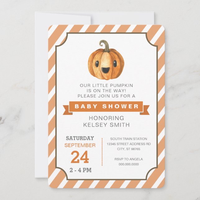 Invitación Naranja Baby Shower de la calabaza de Halloween (Anverso)