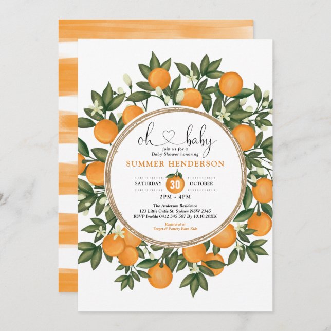 Invitación Naranja Baby Shower Summer Citrus Boho Greenery (Anverso / Reverso)