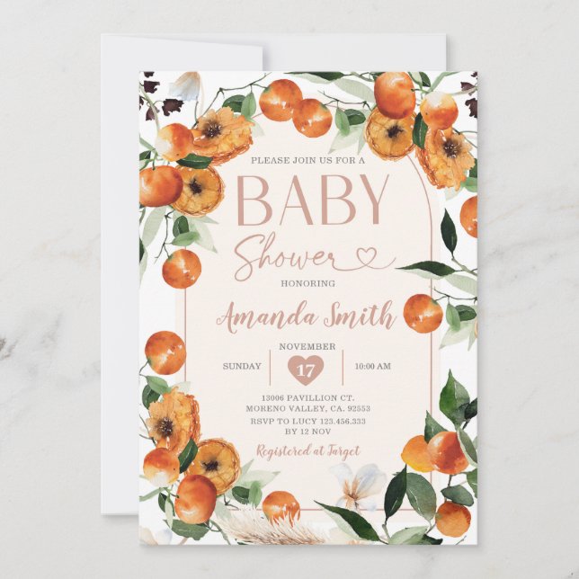 Invitación Naranja Baby Shower Verano Cítricos Tropicales Fru (Anverso)