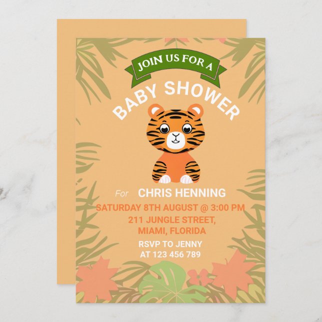 Invitación Naranja Baby Tiger Baby Shower (Anverso / Reverso)