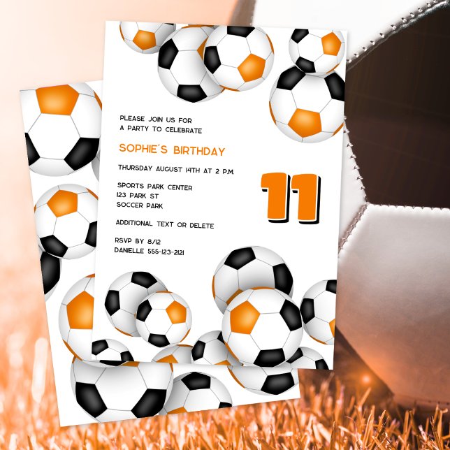 Invitación naranja balones de fútbol negro chicas cumpleaños (Subido por el creador)