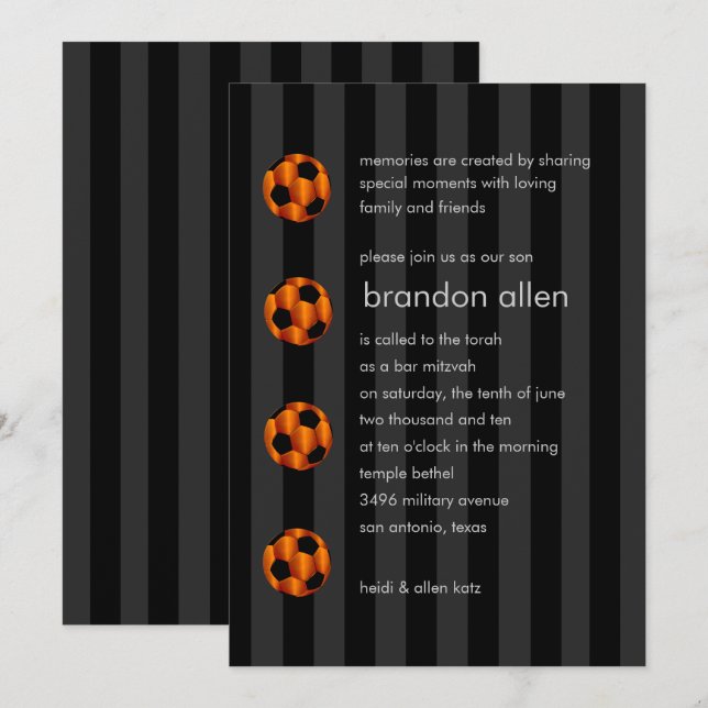 Invitación Naranja Bar Mitzvah y Balón de Fútbol Negro (Anverso / Reverso)